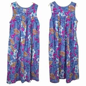 Vintage Daffodil Blue Floral Tropical Print House Dress Size 1X, colorful, comfy